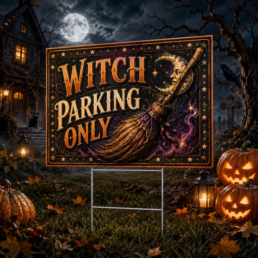 Witch Parking at Haunted Halloween Night Yard Sign - front view