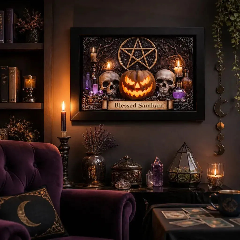 Pagan Pentacle Wall Art for Wicca Samhain- Black Framed Witchcraft Canvas Print for Gothic Halloween Decor_mockup_1.webp