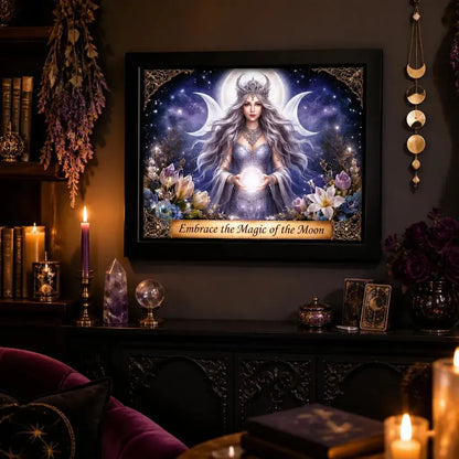 Triple Moon Goddess Wicca Decor - Black Framed Witchy Canvas Print for Pagan Sacred Space_mockup_1.webp