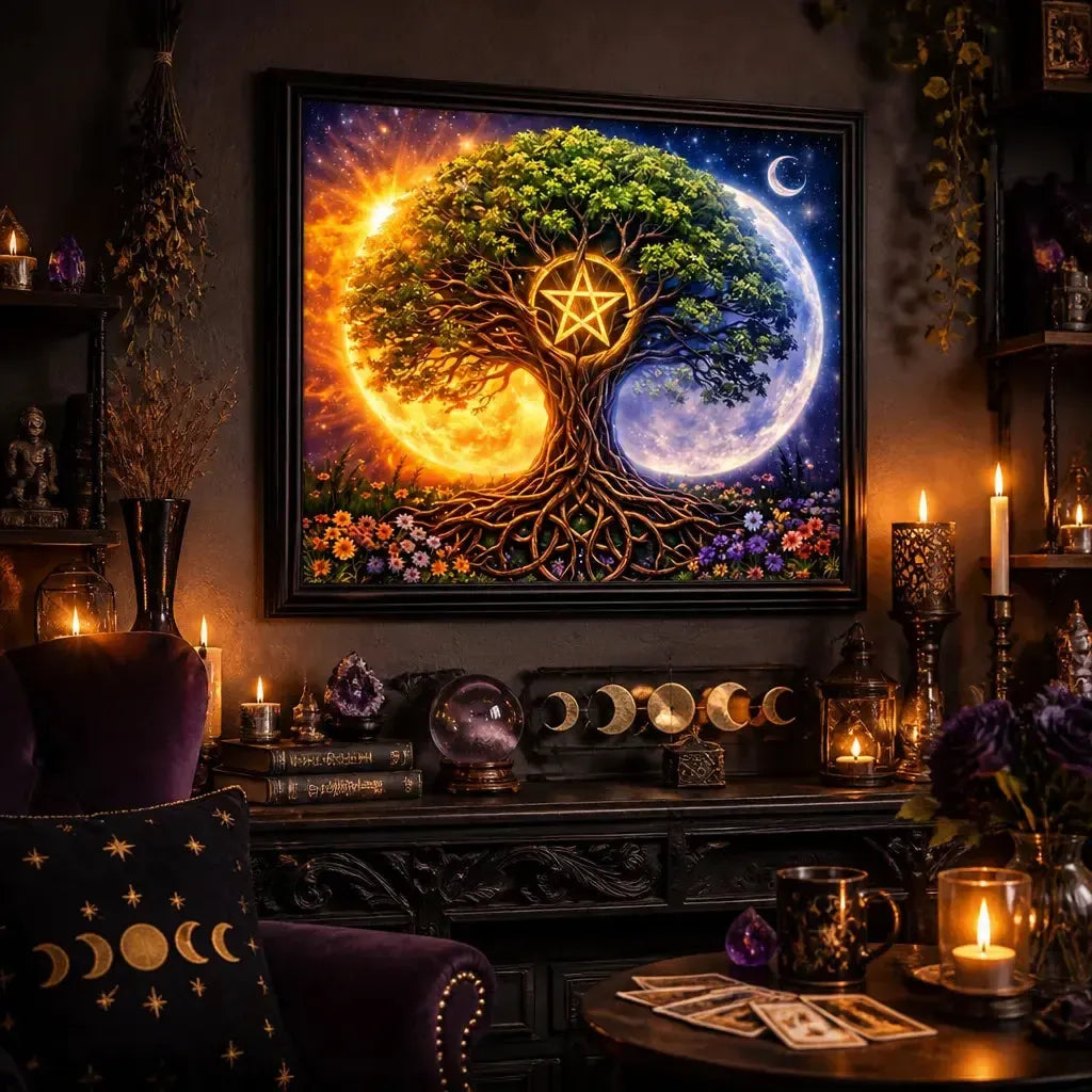 Spiritual Tree of Life Pentacle Canvas Print - Black Framed Pagan Art for Wiccan Home Decor_mockup_1.webp
