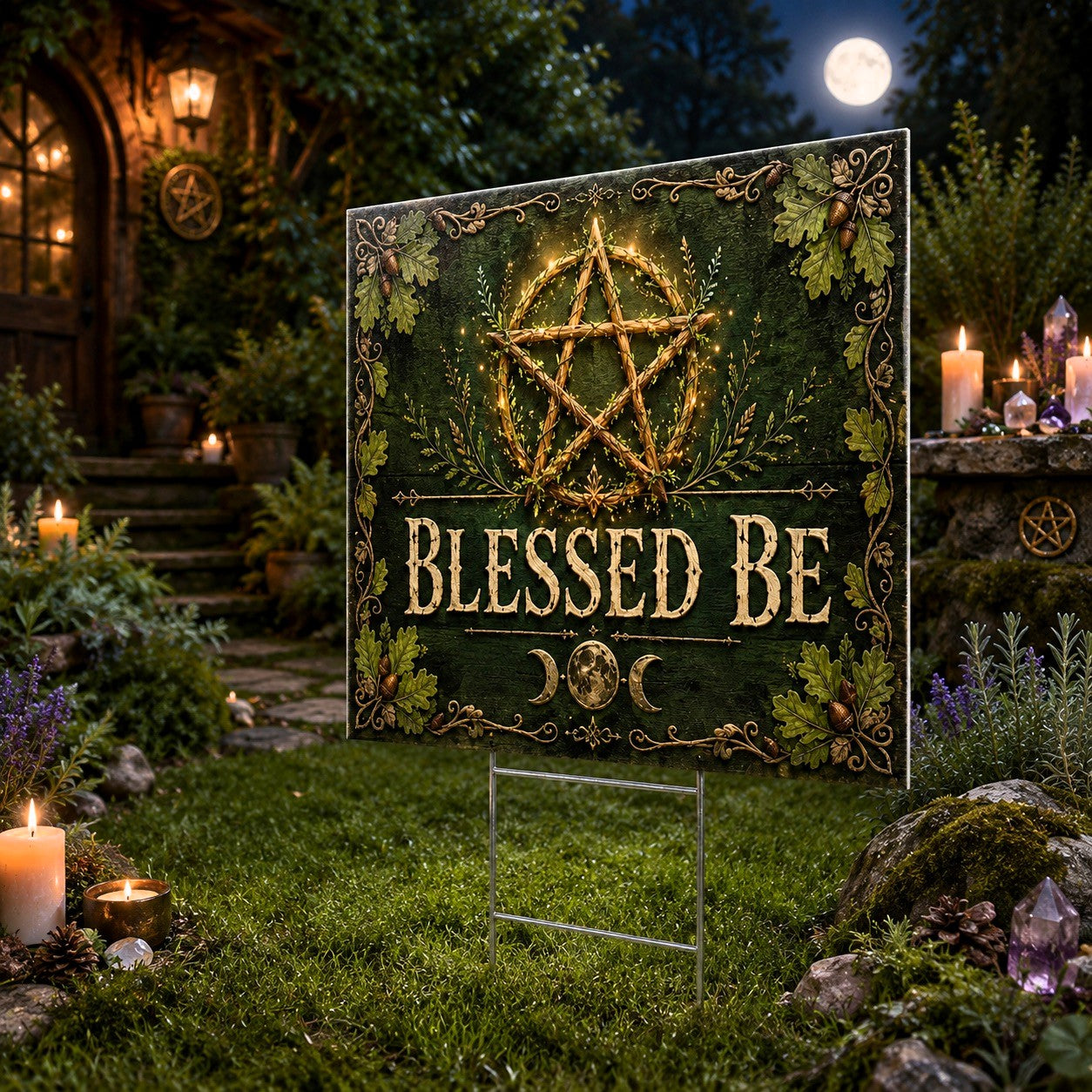 Blessed Be Pentacle Triple Moon Wicca Yard Sign - close up detail
