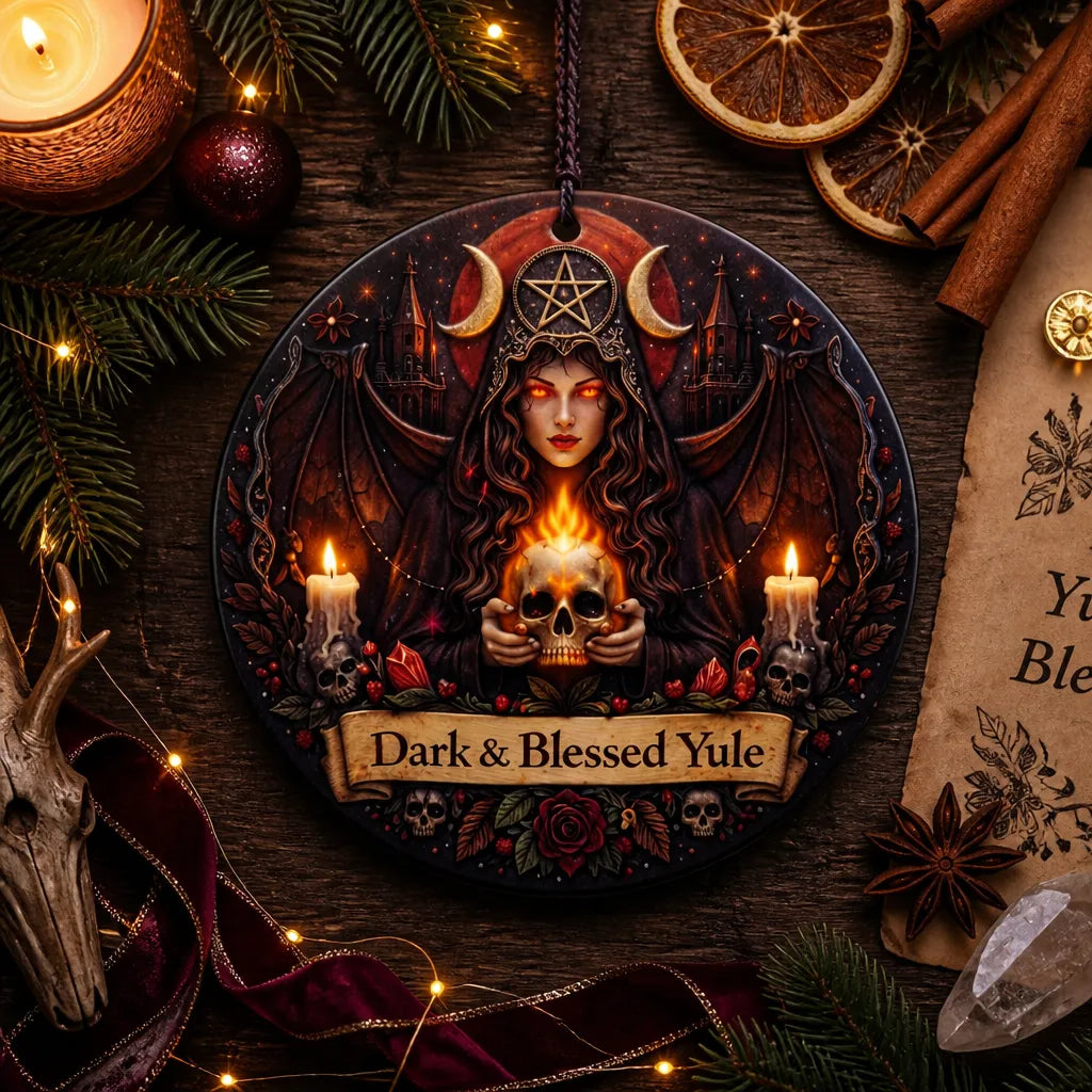 Dark Witch Ceramic Ornament with Skull, Triple Moon – Gothic Halloween Christmas Tree Decor_mockup_3.webp