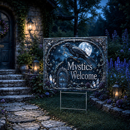 Mystics Welcome Wicca Yard Sign - porch scene