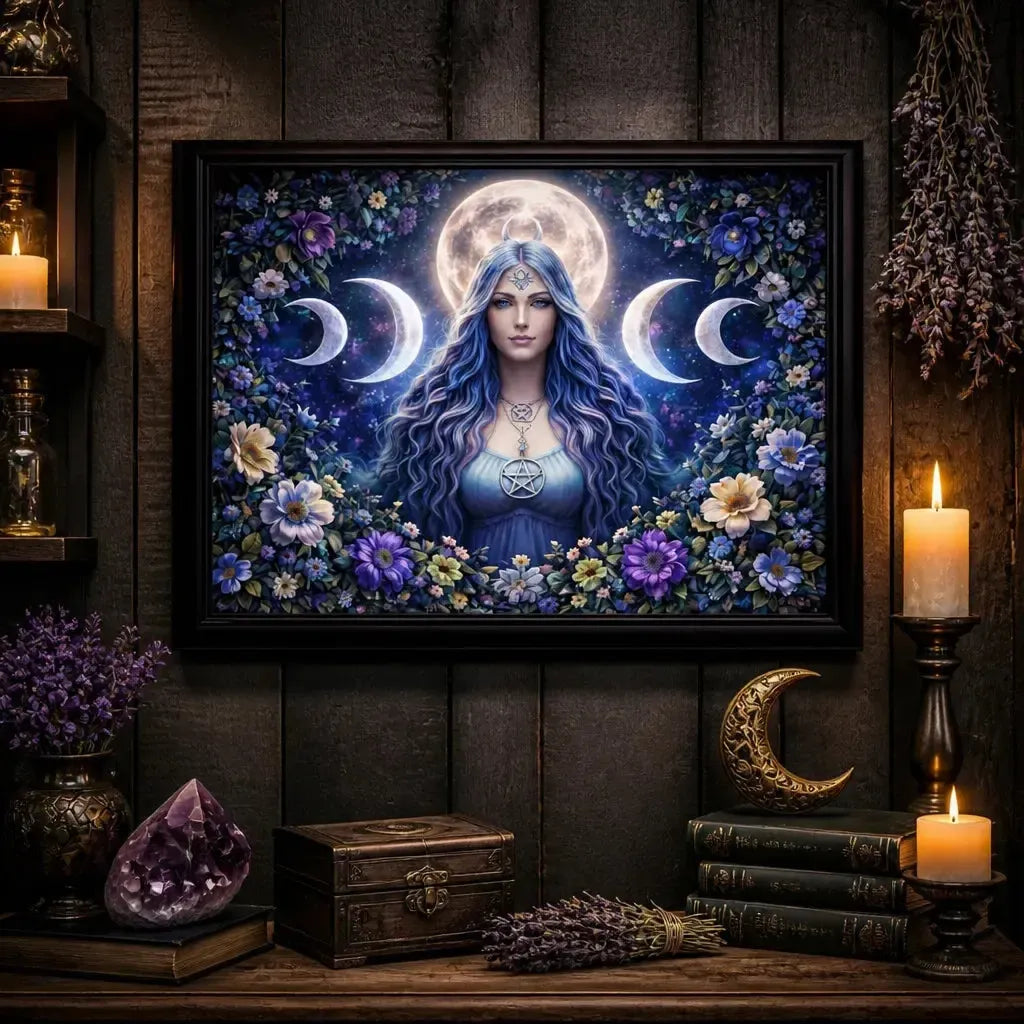 Wiccan Moon Goddess Canvas Wall Art - Black Framed Print for Pagan Altar Decor_mockup_2.webp