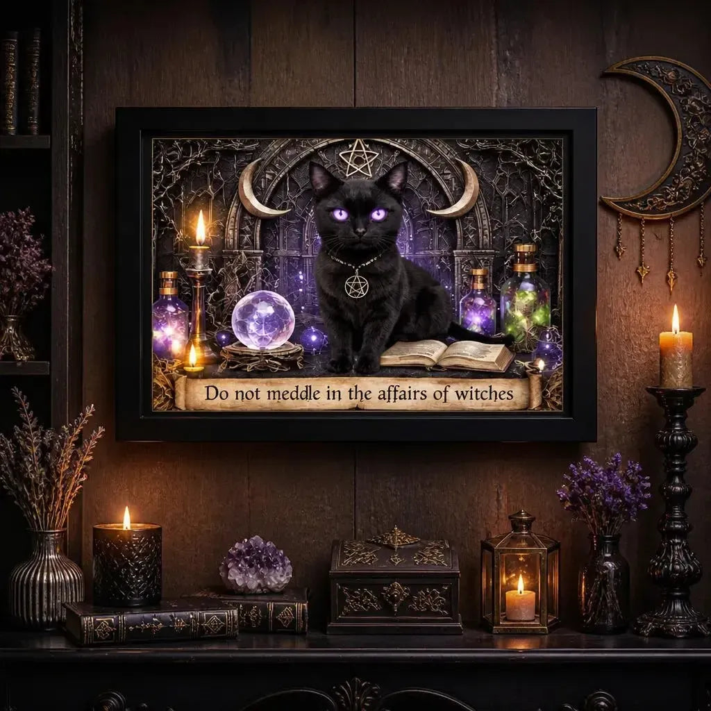 Wicca Black Cat Black Framed Art Print - Witchy Canvas Wall Art for Gothic Home Decor_mockup_2.webp