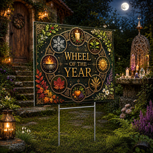 Wheel of the Year Seasonal Sun Wheel Wicca Yard Sign - garden display