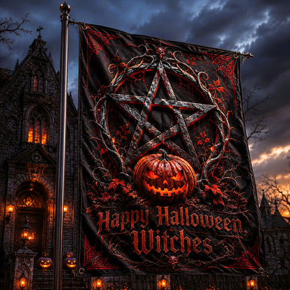 Happy Halloween Witches house flag displayed outdoors on a garden flag stand