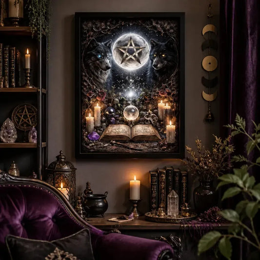 Mystical Wolves Gothic Decor with Pentagram - Wiccan Black Framed Art Print Canvas for Witch Home Decor_mockup_1.webp