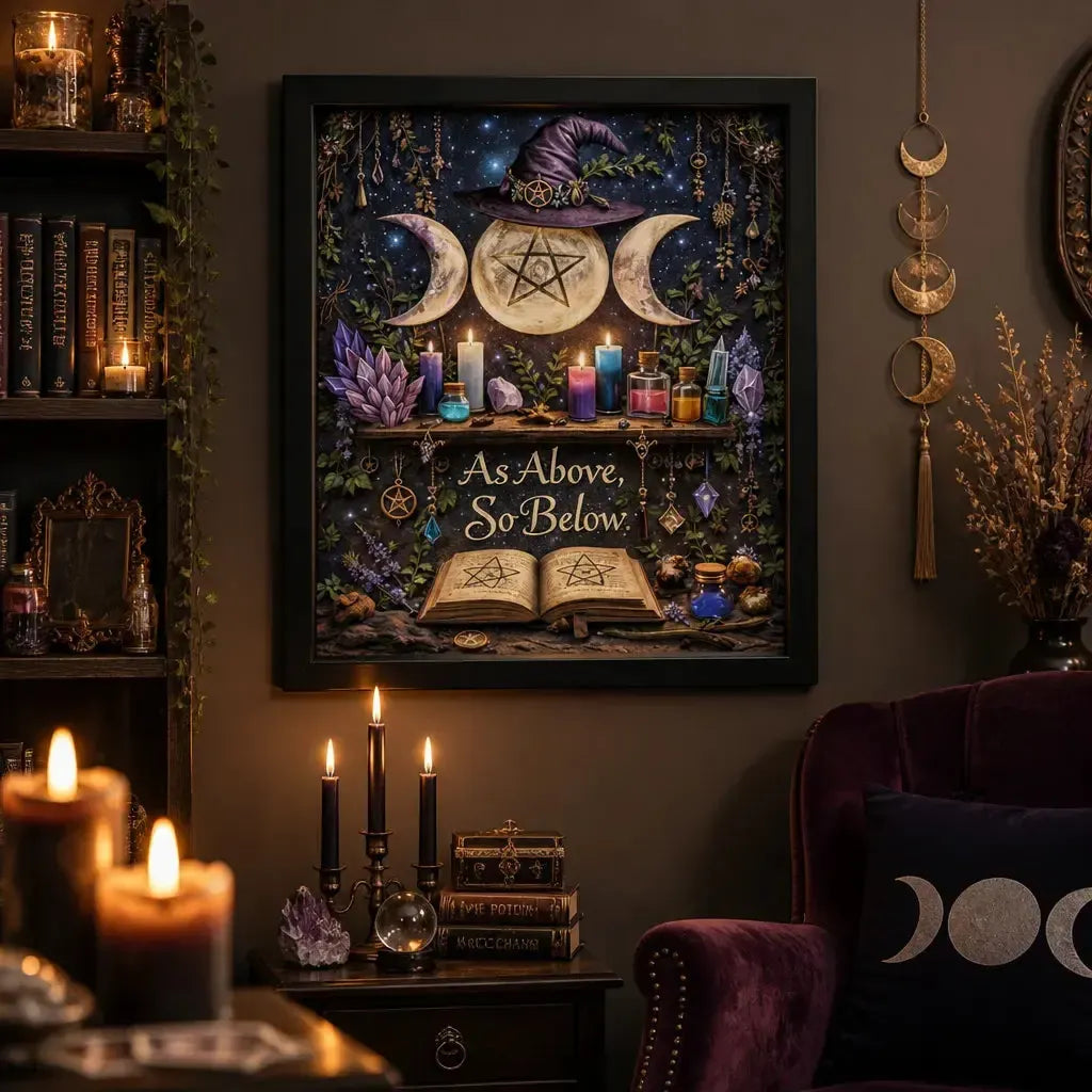Triple Moon Wicca Black Framed Art Print - Witchy Canvas Wall Art for Pagan Home Decor_mockup_1.webp