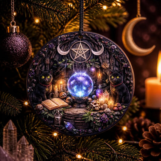 Gothic Yule Ceramic Ornament with Witchy Black Cat, Pentacle, Moon – Dark Holiday Ornament_mockup_1.webp