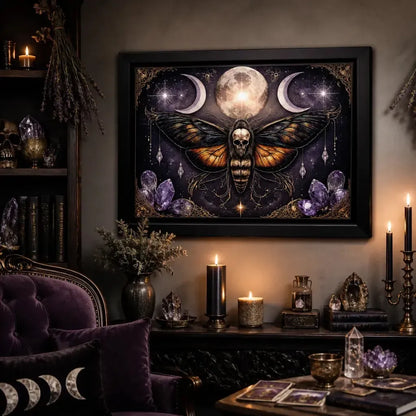 Gothic Death Moth Wall Art with Triple Moon - Black Framed Canvas Print for Witchy Halloween Decor_mockup_1.webp
