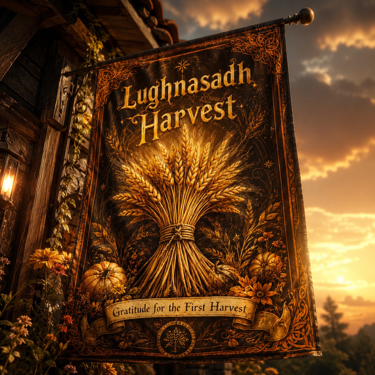 Lughnasadh Harvest house flag mockup hanging outdoors as pagan decor