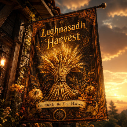 Lughnasadh Harvest house flag mockup hanging outdoors as pagan decor