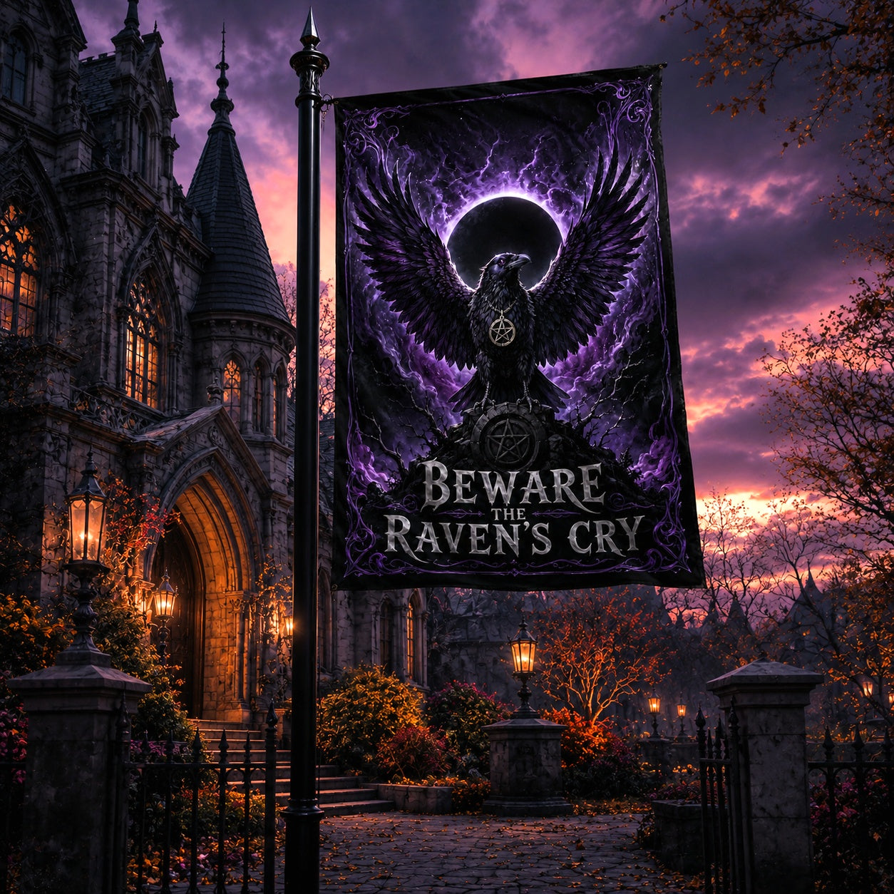 Close-up of Raven of the Dark Moon house flag showing raven and moon artwork
