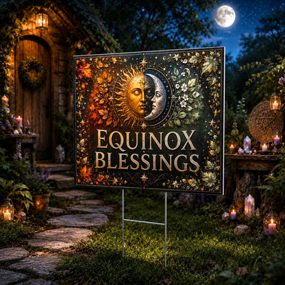 Equinox Blessings Sun Moon Autumn Leaves Wicca Yard Sign - close up detail