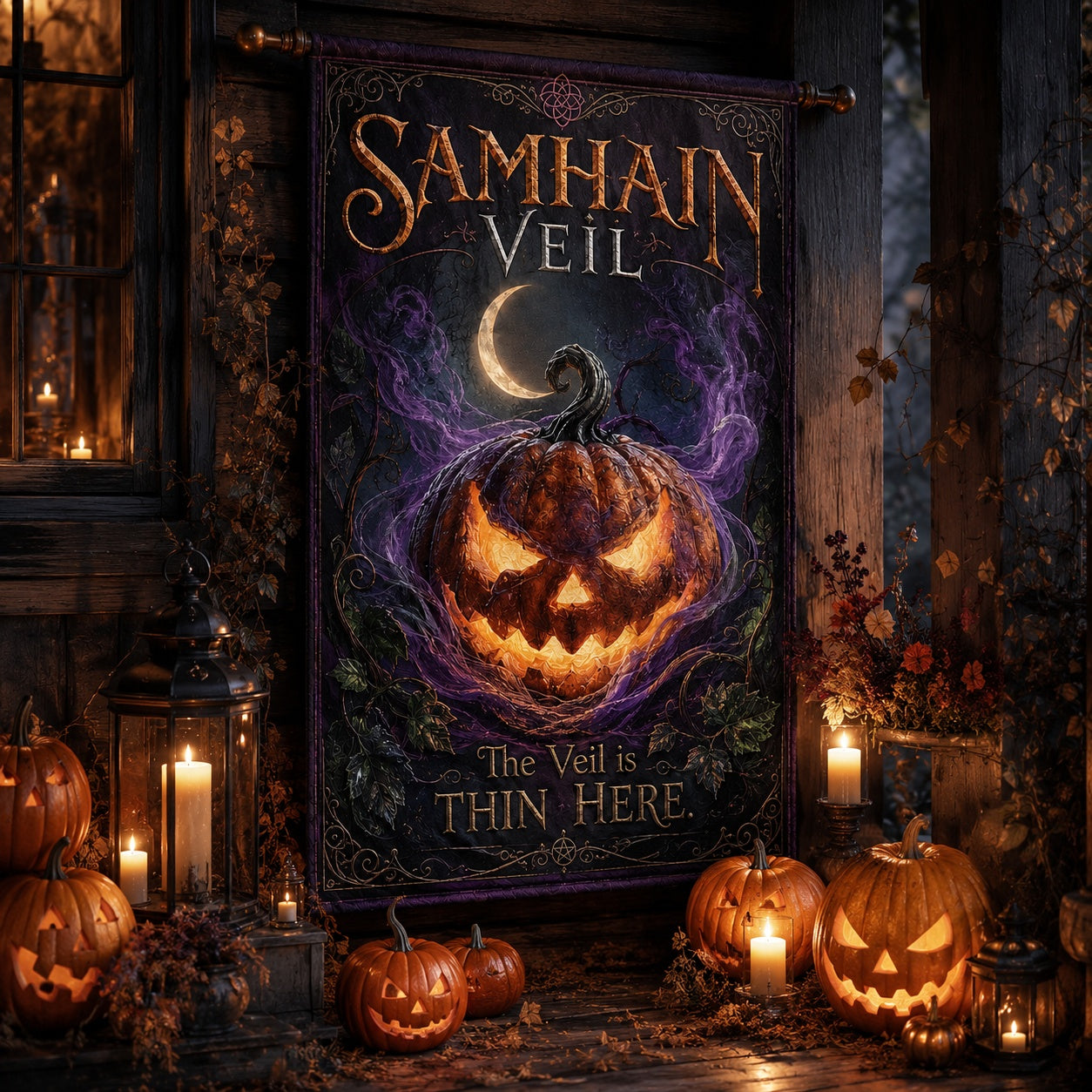 Close-up of Samhain Veil house flag showing pumpkin Halloween artwork