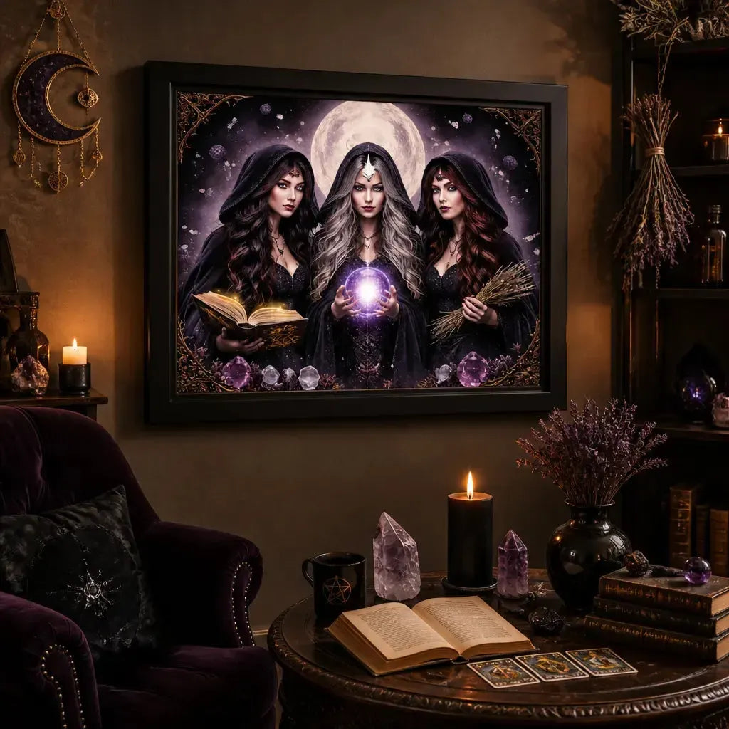 Mystical Witches Canvas Wall Art - Halloween Black Framed Print for Wiccan Altar Decor_mockup_1.webp