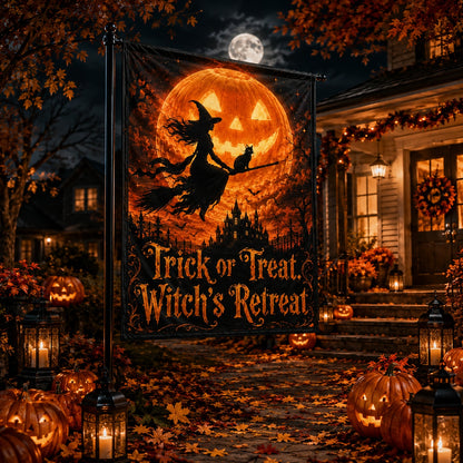 Close-up of Witch Riding Broom Black Cat house flag showing witch artwork