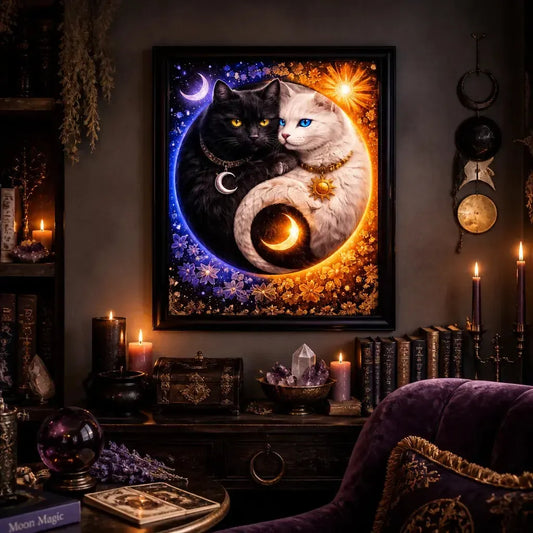 Yin-Yang Cats Canvas Wall Art with Sun & Moon - Pagan Black Framed Art Print Magical Home Decor_mockup_1.webp