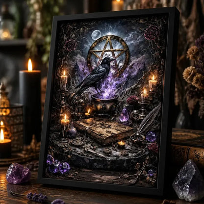 Gothic Raven & Pentacle Witchy Halloween Wall Art - Dark Crow Black Framed Canvas Print for Witch Home Decor_mockup_3.webp