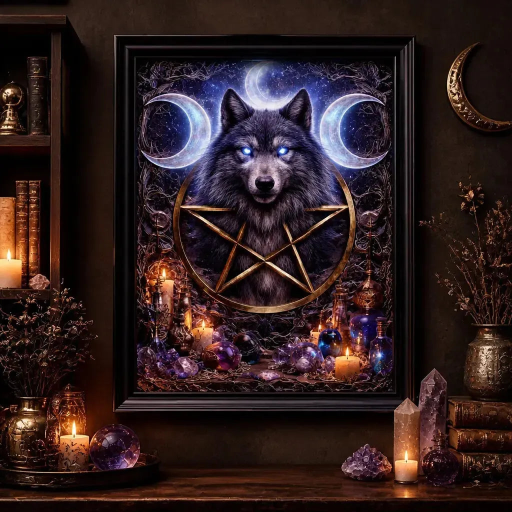 Spiritual Wolf Art with Moon Pentacle - Wicca Black Framed Canvas Wall Print for Pagan Home Decor_mockup_2.webp