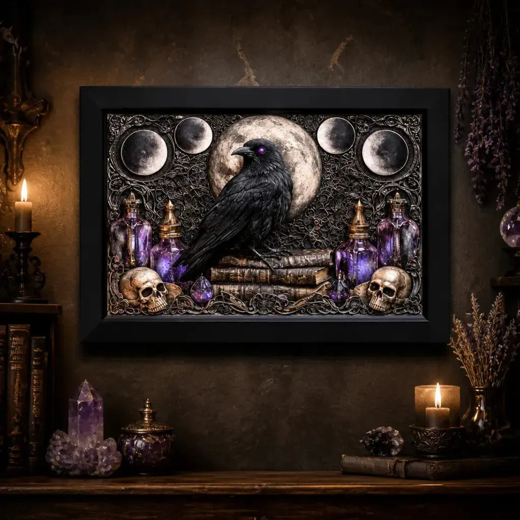 Gothic Raven Canvas Print with Moon Phase - Black Framed Wall Art for Witchy Halloween & Gothic Decor_mockup_2.webp