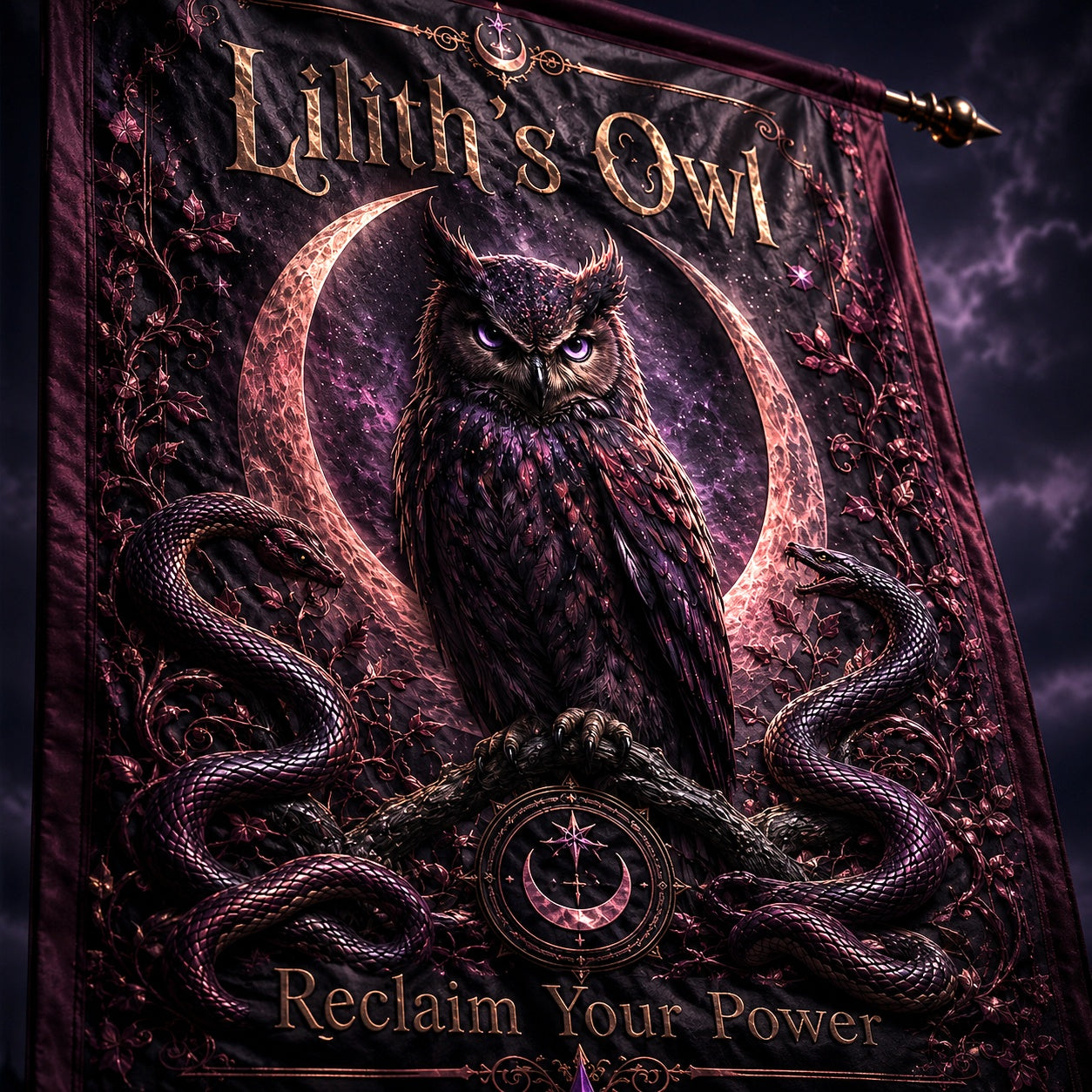 Liliths Owl house flag displayed outdoors on a garden flag stand