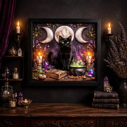 Wicca Triple Moon & Black Cat Canvas Wall Art - Pagan Black Framed Art Print Occult Wall Decor_mockup_2.webp