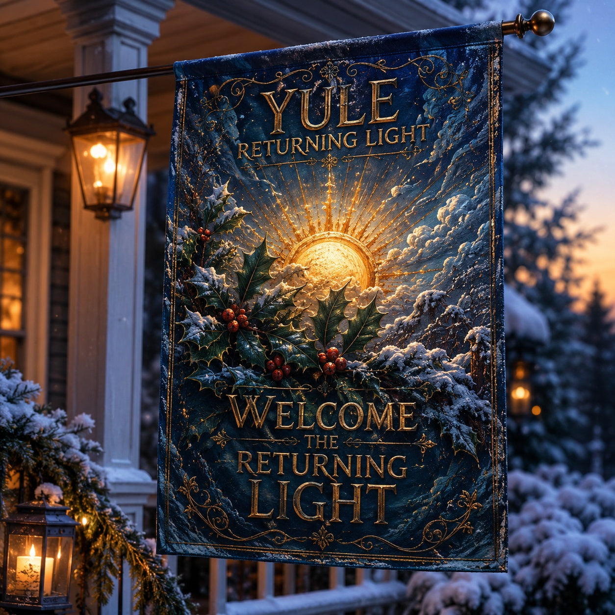 Yule Returning Light house flag with Welcome the Returning Light winter design