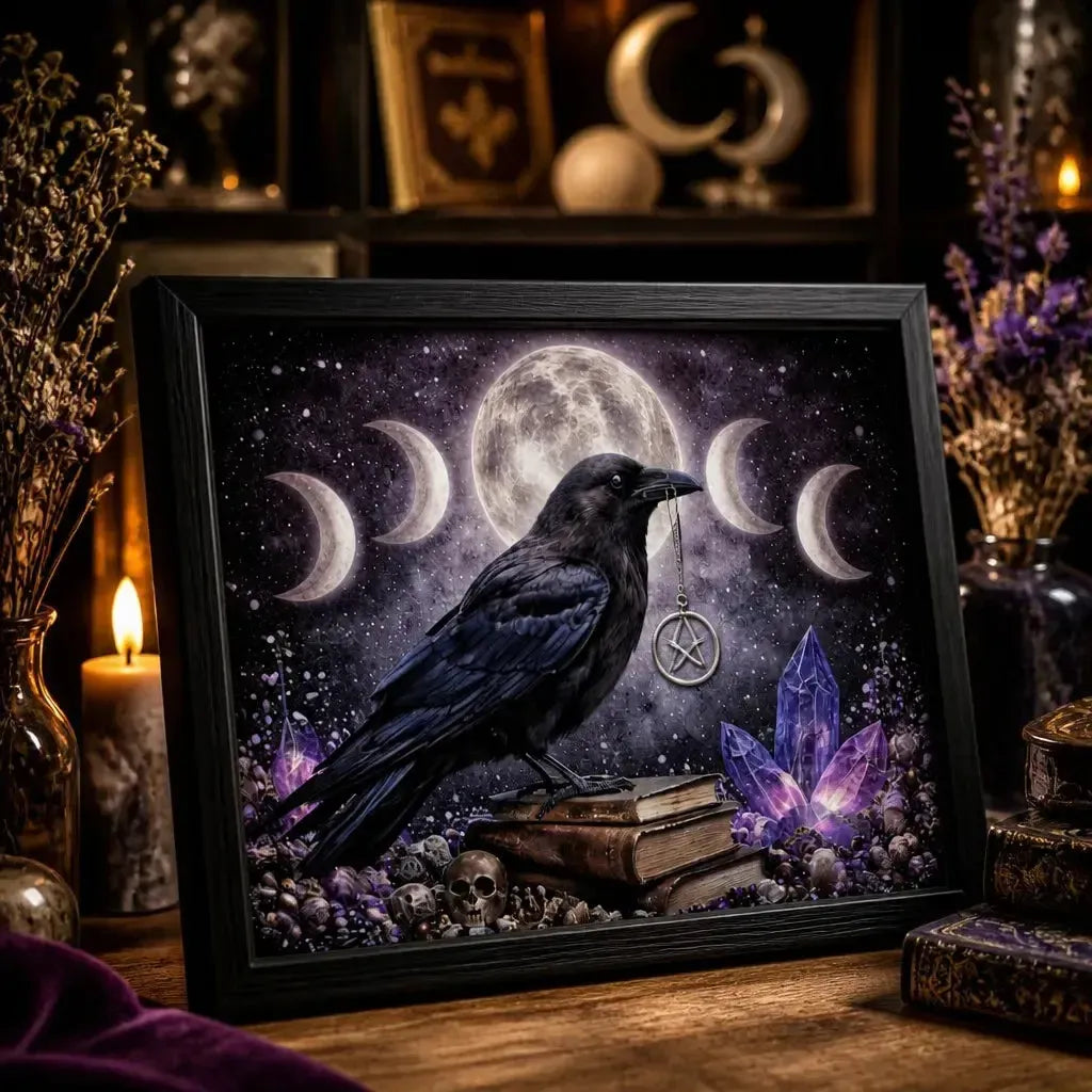 Moon Phase Raven Witchy Wall Art - Wiccan Crow Black Framed Canvas Print for Dark Academia Halloween Decor_mockup_3.webp