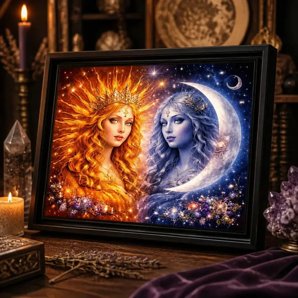 Mystical Sun and Moon Goddess Print - Black Framed Canvas Wall Art for Pagan Home Decor_mockup_3.webp