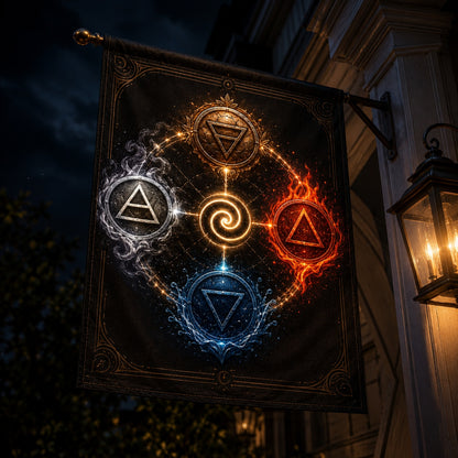 Elemental Wheel house flag mockup hanging outdoors as pagan decor