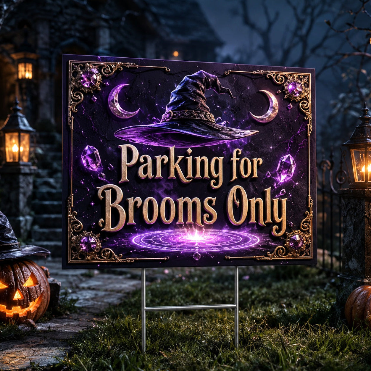 Broom Parking Witch Halloween Yard Sign - front view