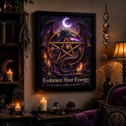 Mystical Dragon Canvas Wall Art with Pentacle - Gothic Black Framed Print for Wicca Altar Decor_mockup_1.webp