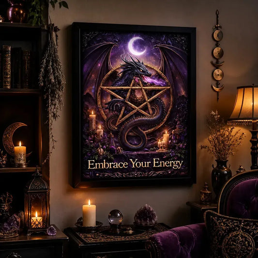 Mystical Dragon Canvas Wall Art with Pentacle - Gothic Black Framed Print for Wicca Altar Decor_mockup_1.webp