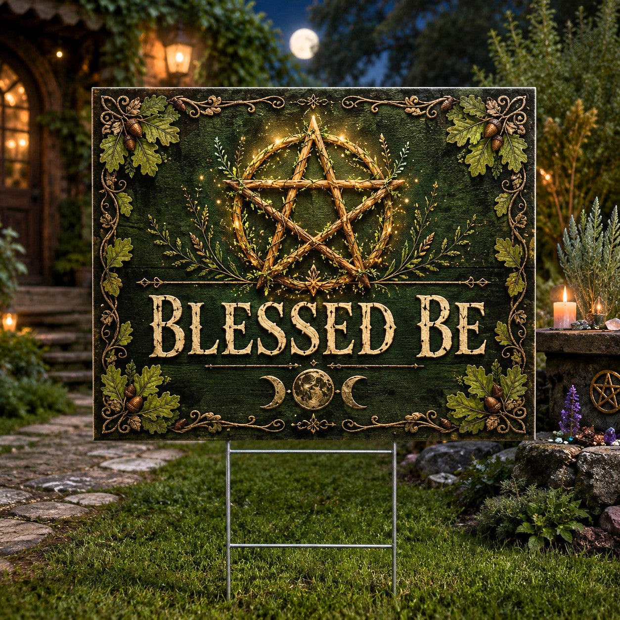 Blessed Be Pentacle Triple Moon Wicca Yard Sign - front view