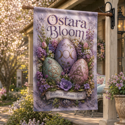 Close-up of Ostara Bloom house flag showing spring eggs artwork