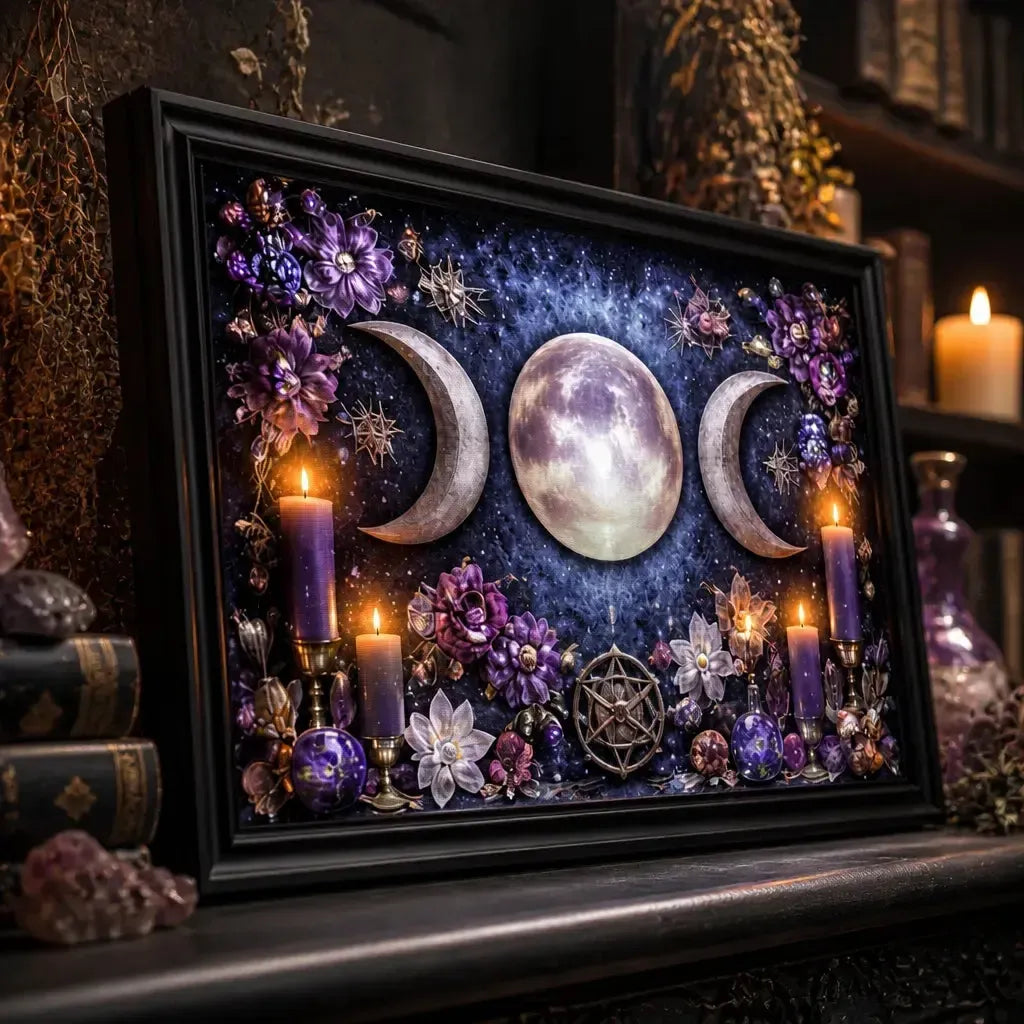 Triple Moon Pagan Wall Art - Black Framed Canvas Print for Wiccan & Witchy Decor_mockup_3.webp