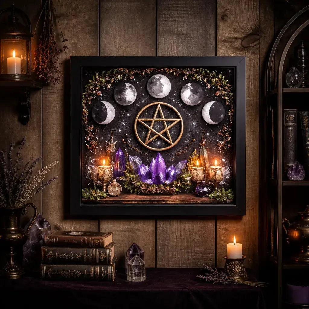 Moon Phases Pentacle Wicca Black Framed Wall Art - Pagan Canvas for Altar & Spiritual Space_mockup_2.webp