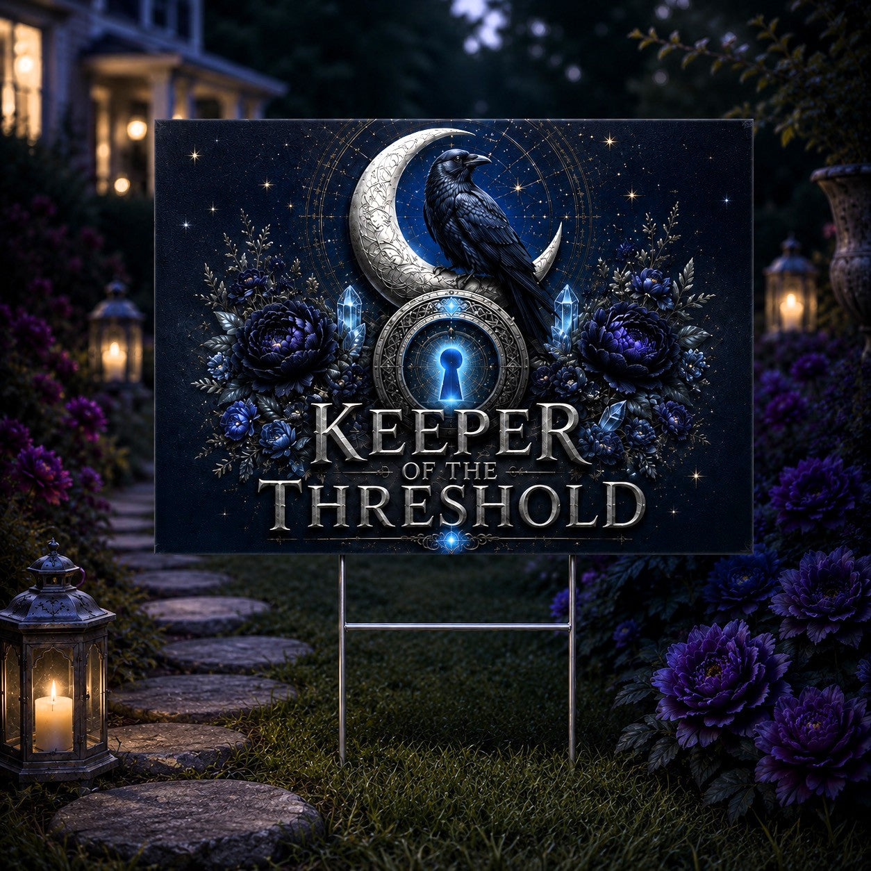 Keeper of the Threshold Wicca Yard Sign - porch scene