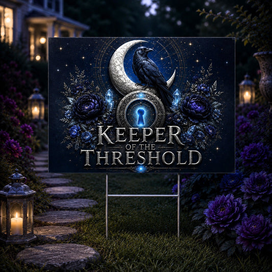 Keeper of the Threshold Wicca Yard Sign - porch scene