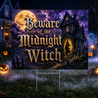 Beware Midnight Witch Halloween Gothic Yard Sign - front view