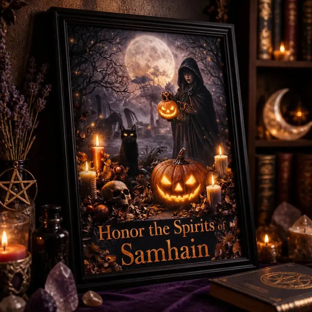 Witchy Halloween Wall Art - Black Framed Gothic Witch Canvas for Wicca Samhain Decor_mockup_3.webp