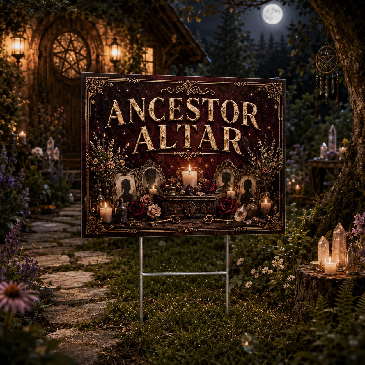 Ancestor Altar Candles Offerings Witchy Yard Sign - porch scene