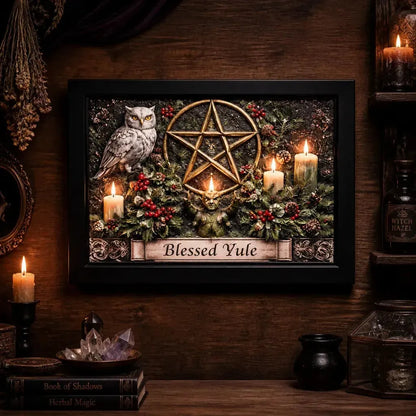 Pagan Pentacle & Owl Canvas Wall Art for Yule - Black Framed Art Print Wiccan Wall Decor_mockup_2.webp