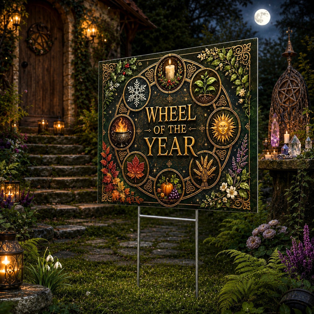 Wheel of the Year Seasonal Sun Wheel Wicca Yard Sign - close up detail