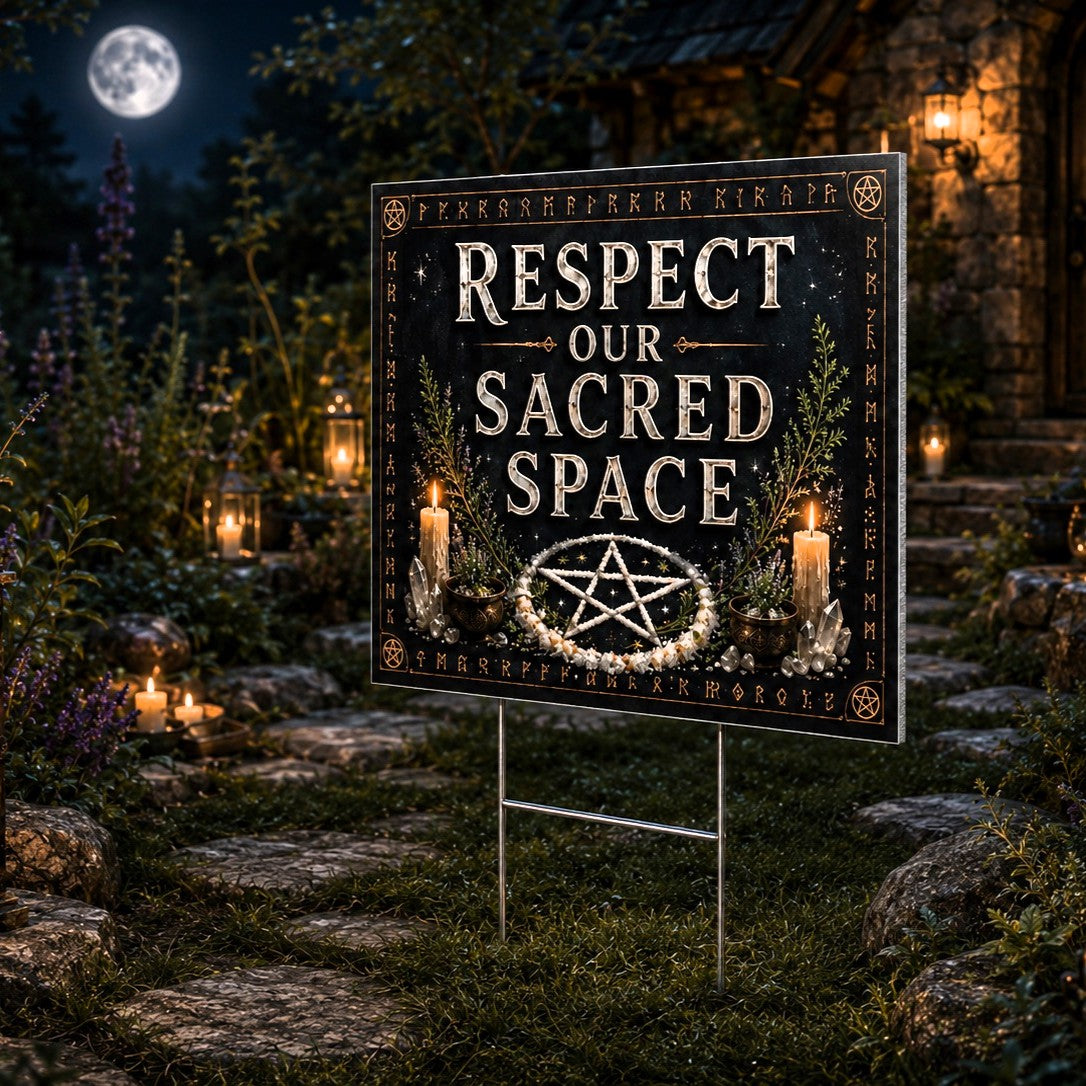 Respect Our Sacred Space Pentacle Pagan Yard Sign - close up detail