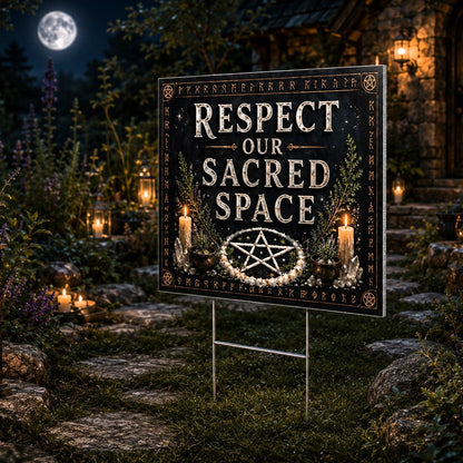 Respect Our Sacred Space Pentacle Pagan Yard Sign - close up detail