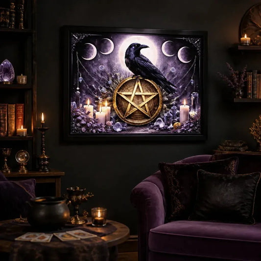 Gothic Raven Wall Art with Moon Phases & Pentagram - Black Framed Canvas Print for Dark Academia & Halloween Decor_mockup_1.webp