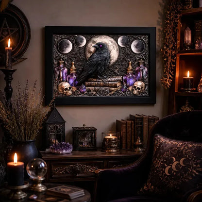 Gothic Raven Canvas Print with Moon Phase - Black Framed Wall Art for Witchy Halloween & Gothic Decor_mockup_1.webp